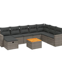 9-tlg. Garten-Sofagarnitur mit Kissen Grau Poly Rattan