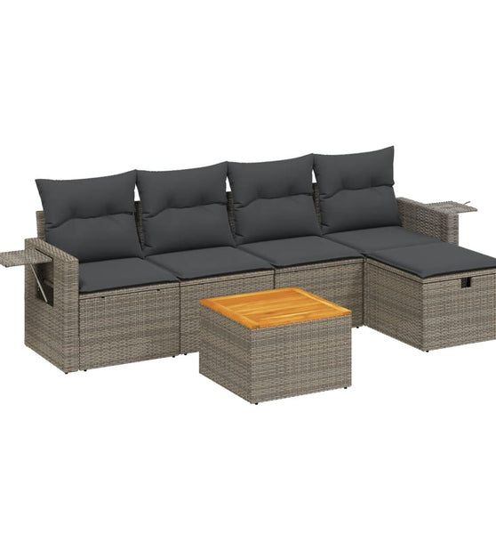 6-tlg. Garten-Sofagarnitur mit Kissen Grau Poly Rattan