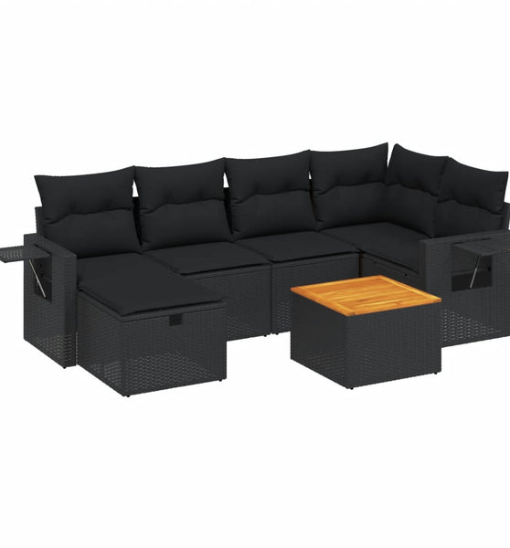 7-tlg. Garten-Sofagarnitur mit Kissen Schwarz Poly Rattan