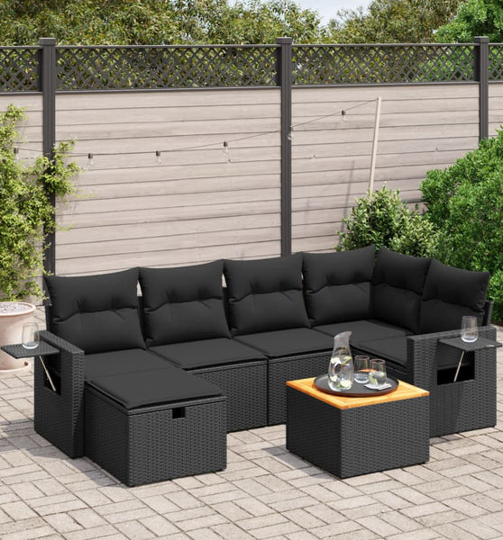 7-tlg. Garten-Sofagarnitur mit Kissen Schwarz Poly Rattan