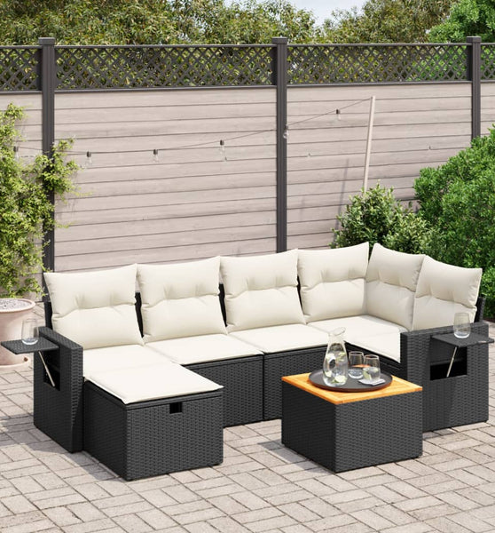 7-tlg. Garten-Sofagarnitur mit Kissen Schwarz Poly Rattan