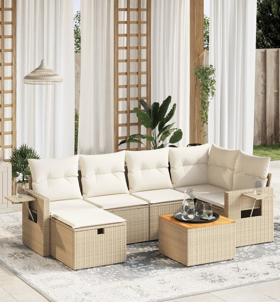 7-tlg. Garten-Sofagarnitur mit Kissen Beige Poly Rattan