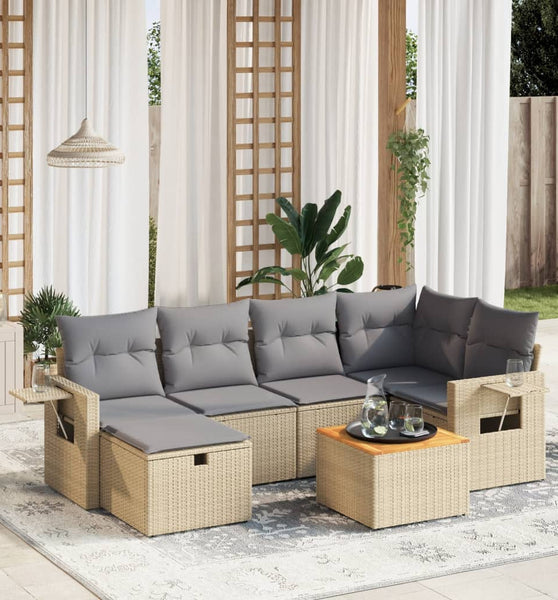 7-tlg. Garten-Sofagarnitur mit Kissen Beige Poly Rattan
