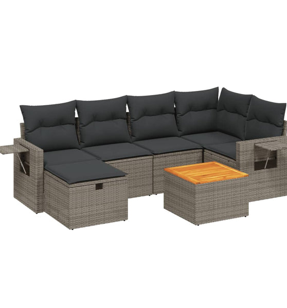 7-tlg. Garten-Sofagarnitur mit Kissen Grau Poly Rattan