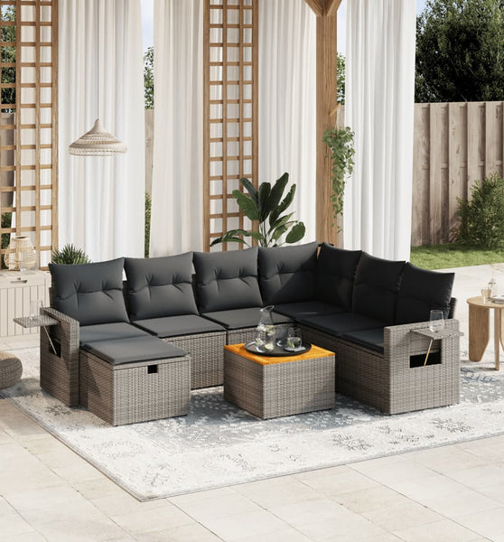 8-tlg. Garten-Sofagarnitur mit Kissen Grau Poly Rattan