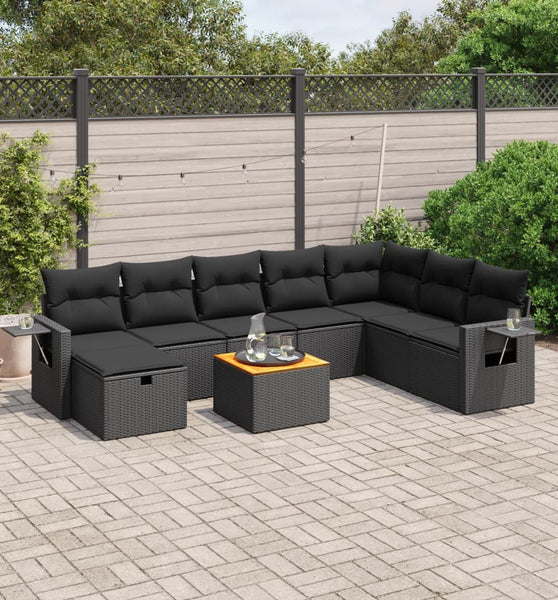 9-tlg. Garten-Sofagarnitur mit Kissen Schwarz Poly Rattan