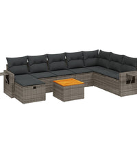 9-tlg. Garten-Sofagarnitur mit Kissen Grau Poly Rattan