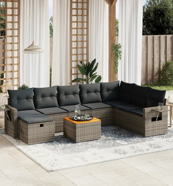 9-tlg. Garten-Sofagarnitur mit Kissen Grau Poly Rattan