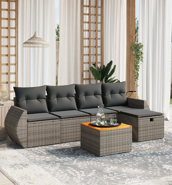 6-tlg. Garten-Sofagarnitur mit Kissen Grau Poly Rattan