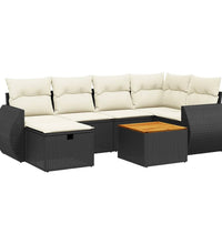 7-tlg. Garten-Sofagarnitur mit Kissen Schwarz Poly Rattan