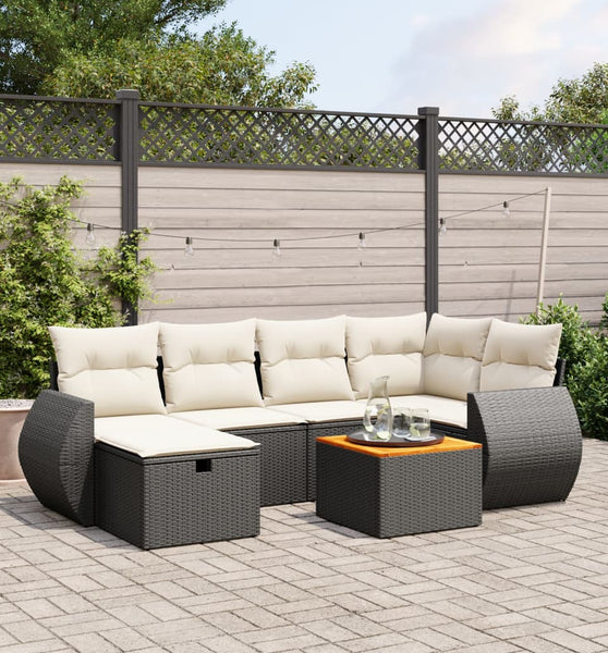 7-tlg. Garten-Sofagarnitur mit Kissen Schwarz Poly Rattan