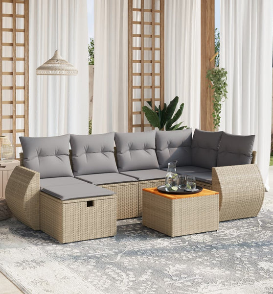 7-tlg. Garten-Sofagarnitur mit Kissen Beige Poly Rattan