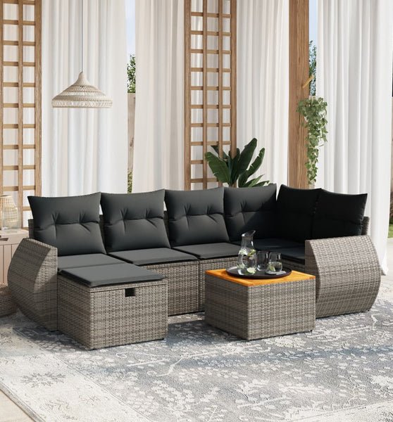 7-tlg. Garten-Sofagarnitur mit Kissen Grau Poly Rattan