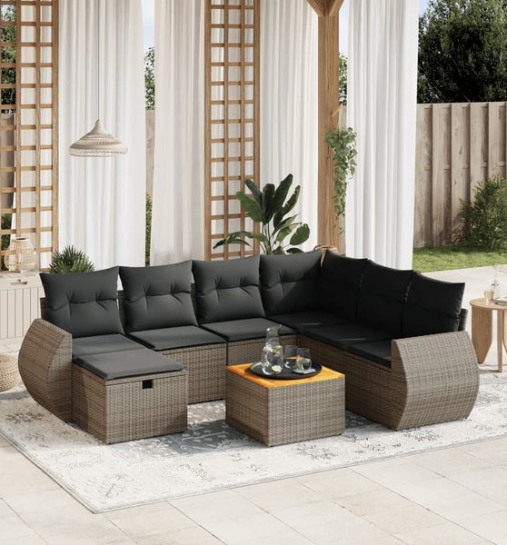 8-tlg. Garten-Sofagarnitur mit Kissen Grau Poly Rattan