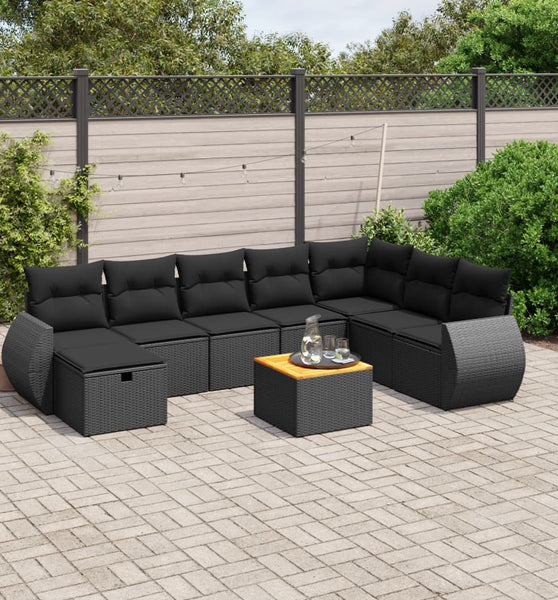 9-tlg. Garten-Sofagarnitur mit Kissen Schwarz Poly Rattan