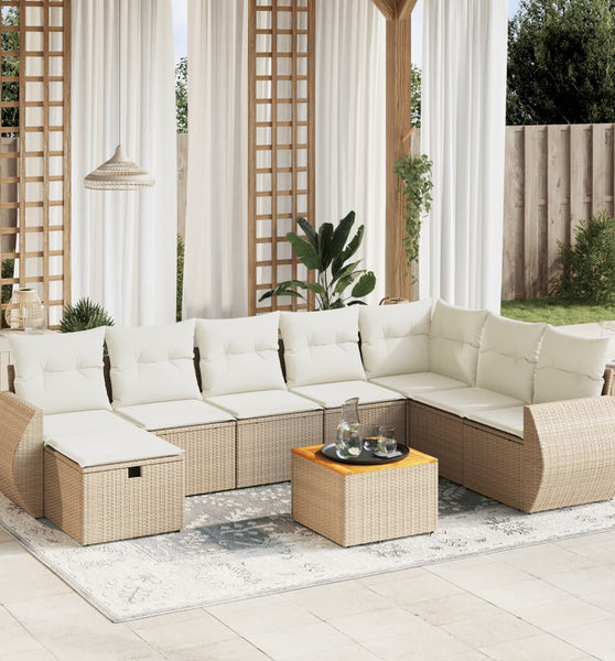 9-tlg. Garten-Sofagarnitur mit Kissen Beige Poly Rattan