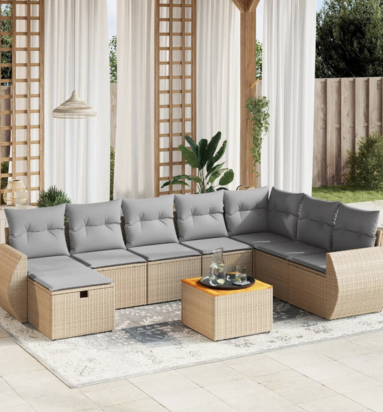 9-tlg. Garten-Sofagarnitur mit Kissen Beige Poly Rattan