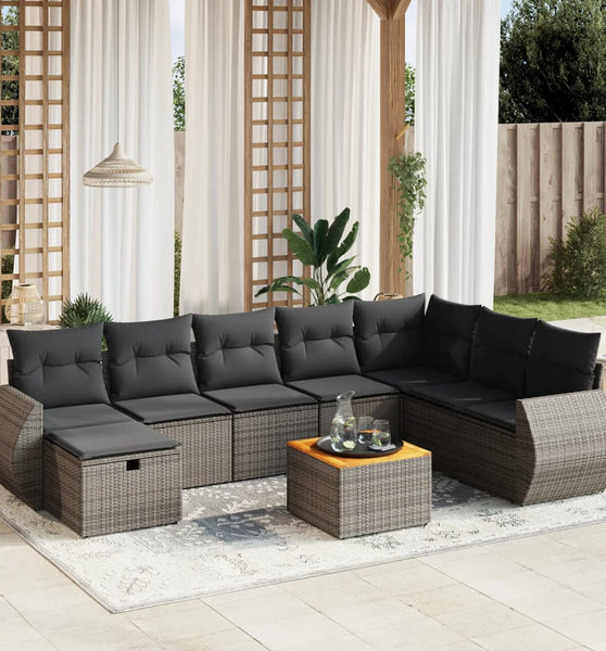 9-tlg. Garten-Sofagarnitur mit Kissen Grau Poly Rattan