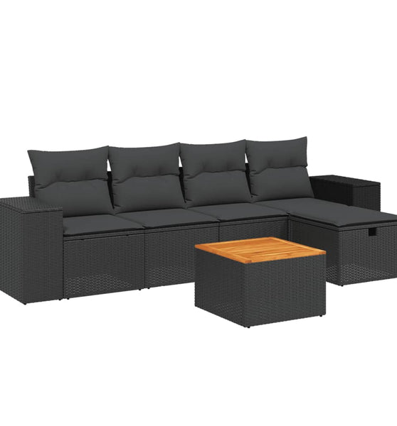 6-tlg. Garten-Sofagarnitur mit Kissen Schwarz Poly Rattan
