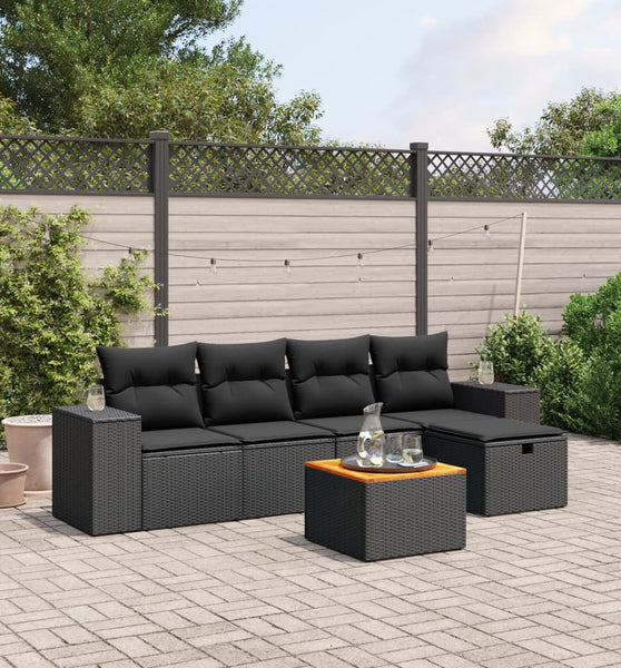 6-tlg. Garten-Sofagarnitur mit Kissen Schwarz Poly Rattan