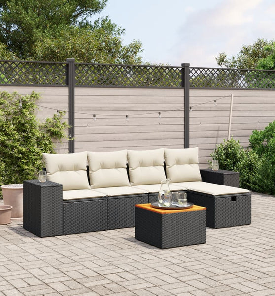 6-tlg. Garten-Sofagarnitur mit Kissen Schwarz Poly Rattan