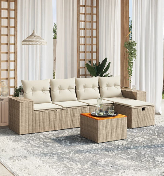 6-tlg. Garten-Sofagarnitur mit Kissen Beige Poly Rattan