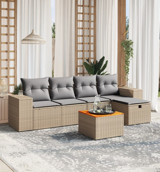 6-tlg. Garten-Sofagarnitur mit Kissen Beige Poly Rattan