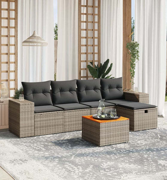 6-tlg. Garten-Sofagarnitur mit Kissen Grau Poly Rattan