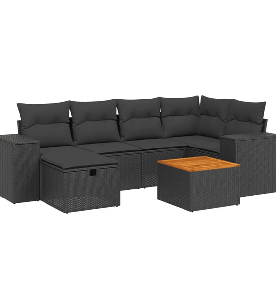 7-tlg. Garten-Sofagarnitur mit Kissen Schwarz Poly Rattan
