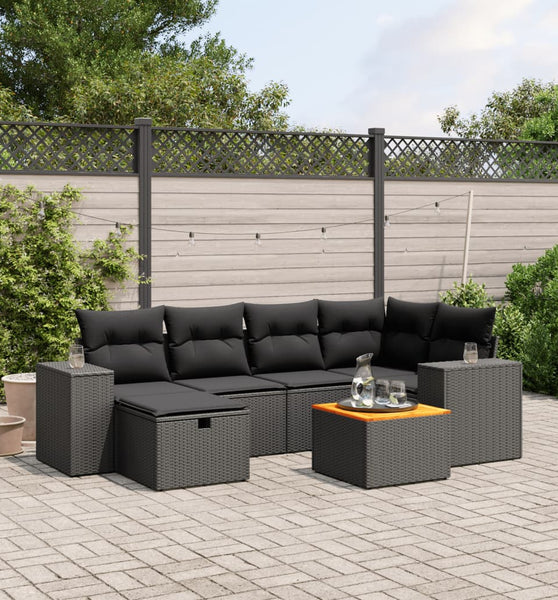 7-tlg. Garten-Sofagarnitur mit Kissen Schwarz Poly Rattan