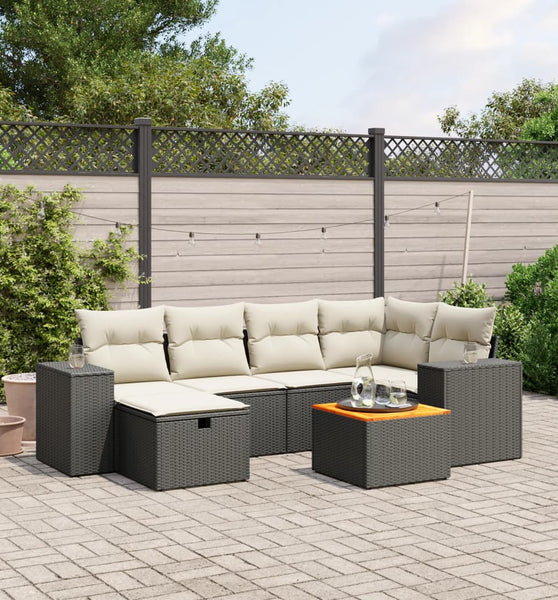 7-tlg. Garten-Sofagarnitur mit Kissen Schwarz Poly Rattan