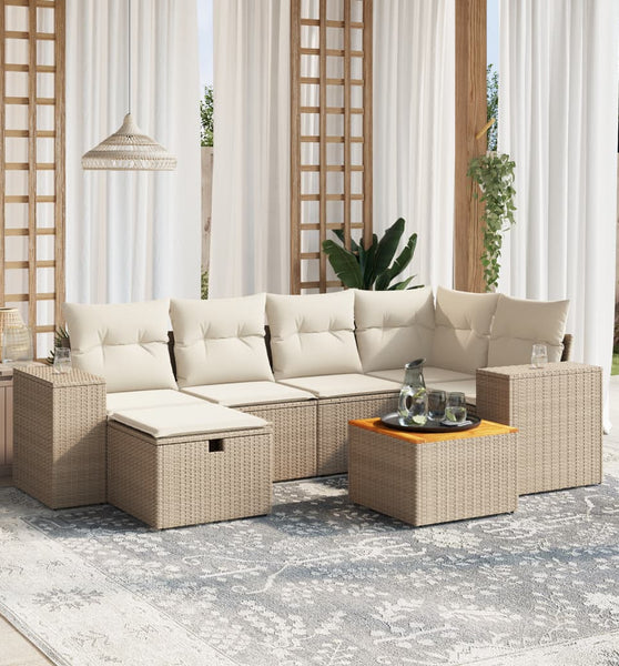7-tlg. Garten-Sofagarnitur mit Kissen Beige Poly Rattan