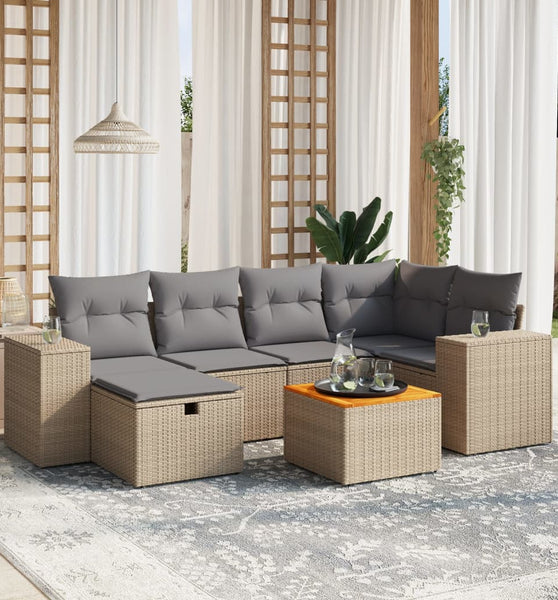 7-tlg. Garten-Sofagarnitur mit Kissen Beige Poly Rattan