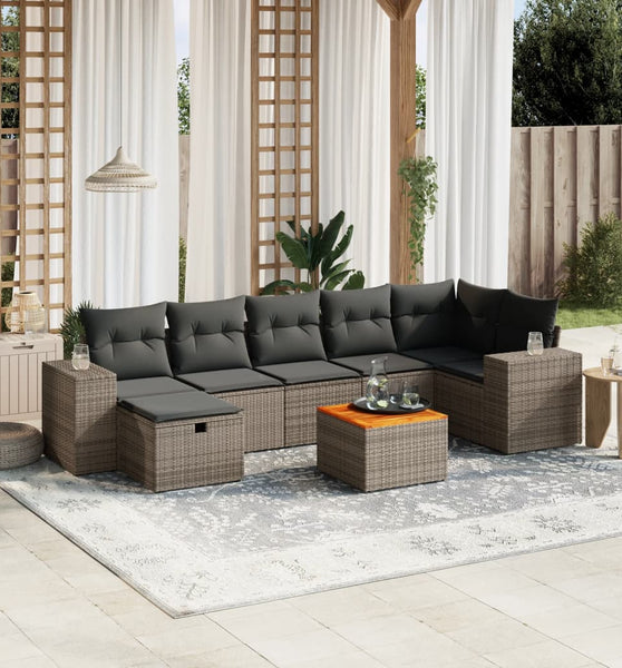 8-tlg. Garten-Sofagarnitur mit Kissen Grau Poly Rattan