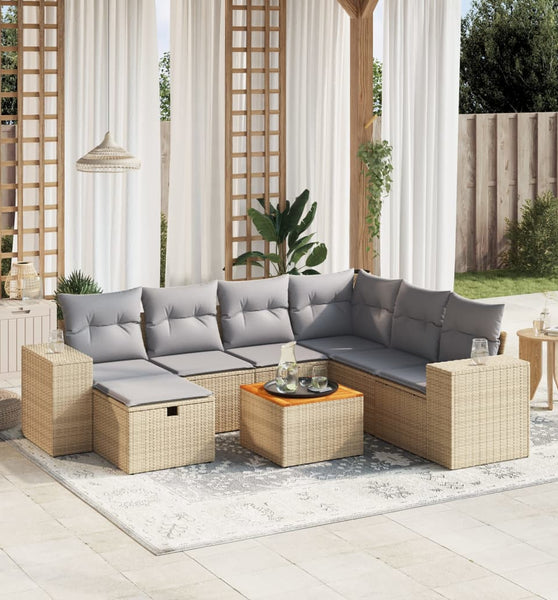 8-tlg. Garten-Sofagarnitur mit Kissen Beige Poly Rattan