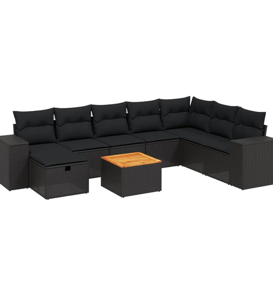 9-tlg. Garten-Sofagarnitur mit Kissen Schwarz Poly Rattan
