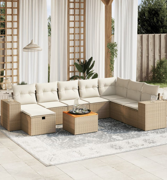 9-tlg. Garten-Sofagarnitur mit Kissen Beige Poly Rattan