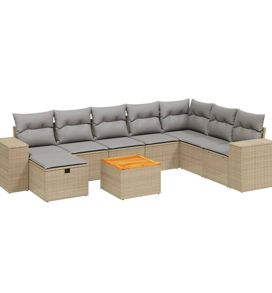 9-tlg. Garten-Sofagarnitur mit Kissen Beige Poly Rattan