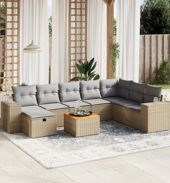 9-tlg. Garten-Sofagarnitur mit Kissen Beige Poly Rattan