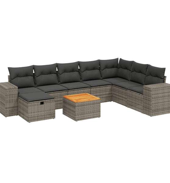 9-tlg. Garten-Sofagarnitur mit Kissen Grau Poly Rattan