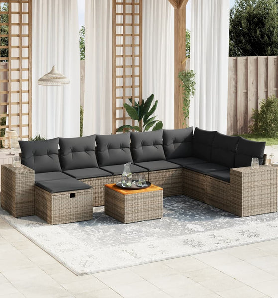 9-tlg. Garten-Sofagarnitur mit Kissen Grau Poly Rattan