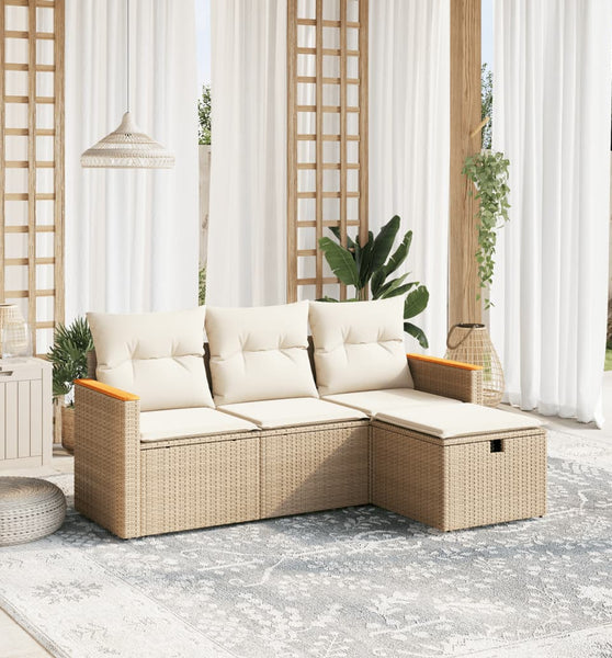 4-tlg. Garten-Sofagarnitur mit Kissen Beige Poly Rattan