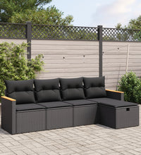 5-tlg. Garten-Sofagarnitur mit Kissen Schwarz Poly Rattan
