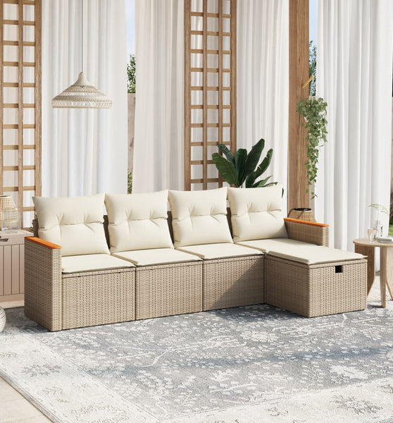 5-tlg. Garten-Sofagarnitur mit Kissen Beige Poly Rattan