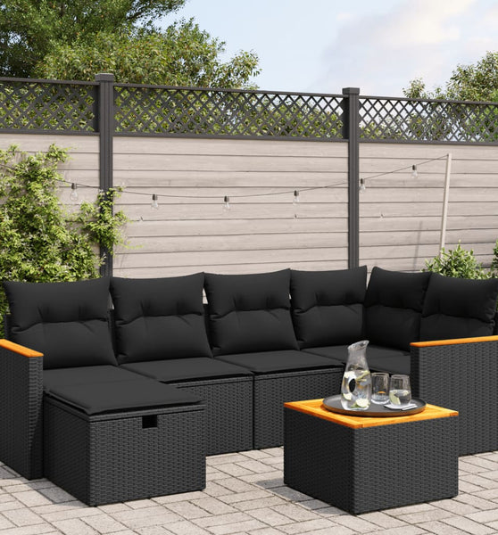 7-tlg. Garten-Sofagarnitur mit Kissen Schwarz Poly Rattan