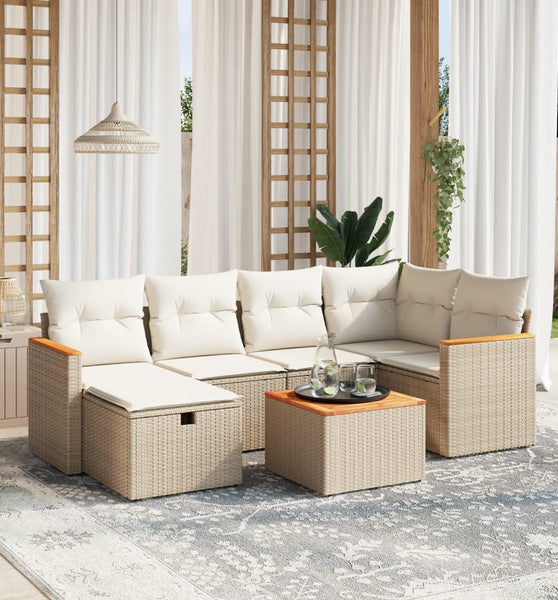 7-tlg. Garten-Sofagarnitur mit Kissen Beige Poly Rattan