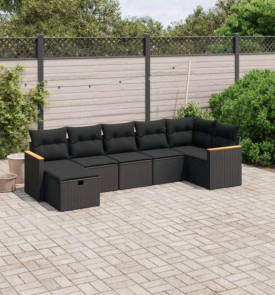 7-tlg. Garten-Sofagarnitur mit Kissen Schwarz Poly Rattan