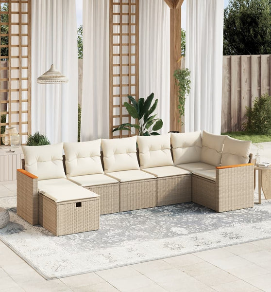 7-tlg. Garten-Sofagarnitur mit Kissen Beige Poly Rattan