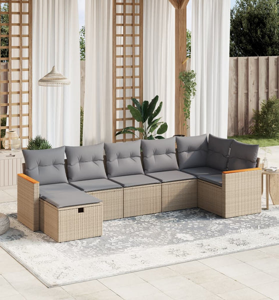 7-tlg. Garten-Sofagarnitur mit Kissen Beige Poly Rattan