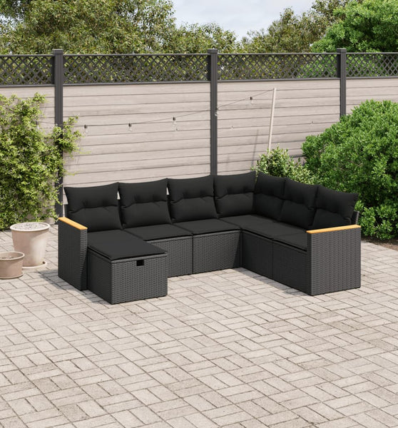 7-tlg. Garten-Sofagarnitur mit Kissen Schwarz Poly Rattan